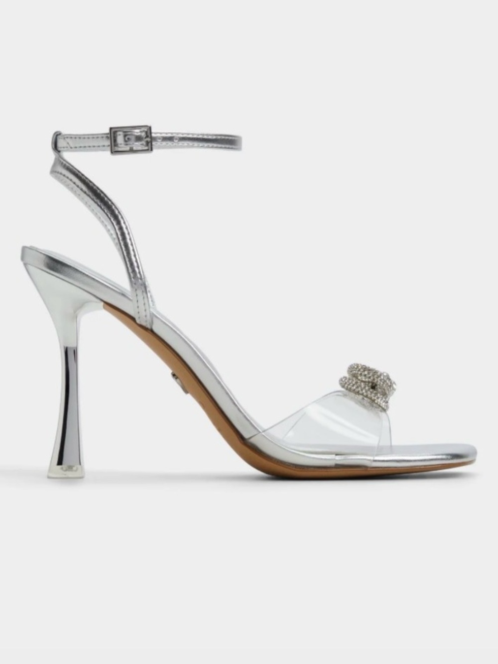 Aldo Silver Metallic Ankle-Strap Heeled Sandals with Rhinestone Accent